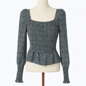 Worthington Black & White Pattern Long Sleeve Peplum Blouse Size S
